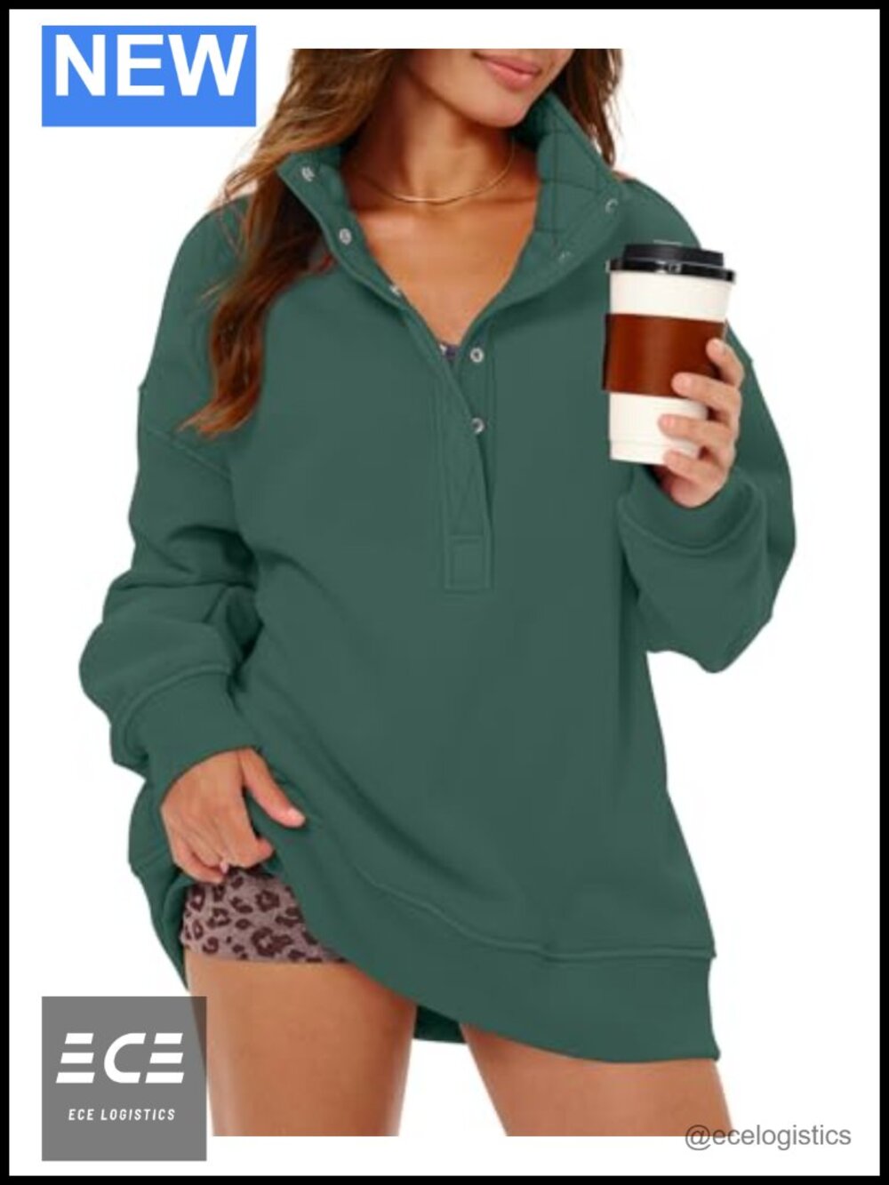 Oversized Henley Sweatshirt Cotton Fleece Lined Snap Button Pullover